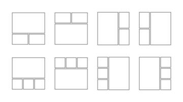 Frame collage from square and rectangle shape for photo, image template line set. Mood board layout, background. Gallery grid, mosaic puzzle outline illustration vector