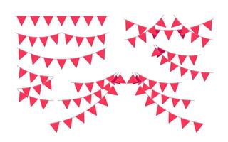 Garland with triangle red flags set. Decorative bunting background for party, holiday carnival, birthday celebration, festival decoration. Hanging flags illustration vector