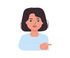 Girl points, directs and shows with her finger. Gesture to side. Indicate with hand. Character indicates attention flat isolated illustration vector