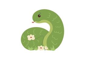 Cute green snake animal kawaii character in spring with flower, symbol 2025 year. Wild reptile with tongue, serpent. Cartoon hand drawn for children illustration vector