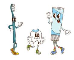 Groovy tooth, toothpaste and brush characters vector