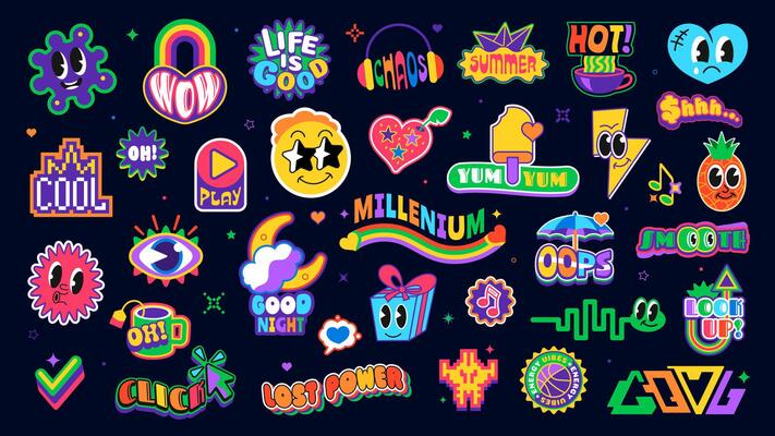 Funky y2k groovy patch stickers, retro labels set