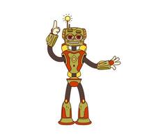Cartoon groovy robot character with red glow eyes vector