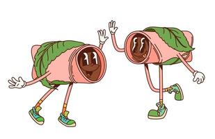 Cartoon groovy Japanese sakura mochi characters vector