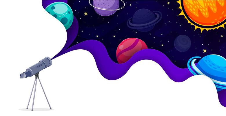 Telescope with paper cut space landscape planets