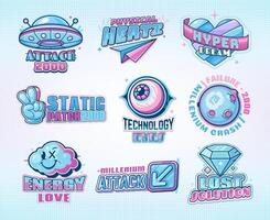 Y2k icons, retro planet globe, heart, UFO stickers vector