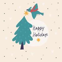 Christmas greeting square card bird with toy star for tree vector