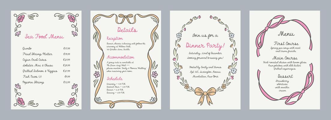 Set spring whimsical hand-drawn pink blue orange green color frames with flowers and bows in trendy, vintage styles. Perfect for quirky holiday, wedding, birthday gift decorations