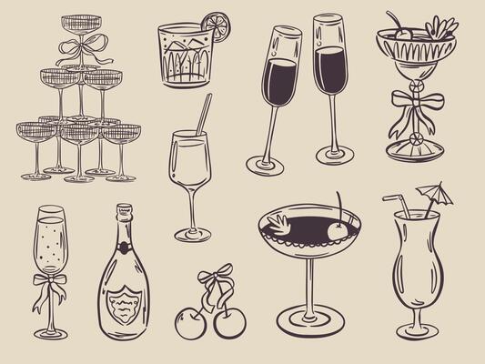 Whimsical hand drawn bar illustrations in trendy whimsical style. Perfect doodle for quirky italian wedding holiday, poster, dinner and bar menu, bachelorette party, birthday invitation, sign.