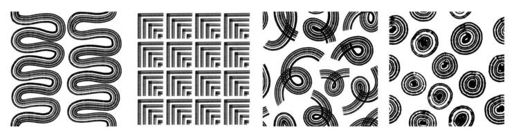 Sets Aesthetic Contemporary printable seamless pattern with abstract line, dot, shape brush stroke in black and white colors. Boho background in minimalist style Illustration for wallpaper fabric vector