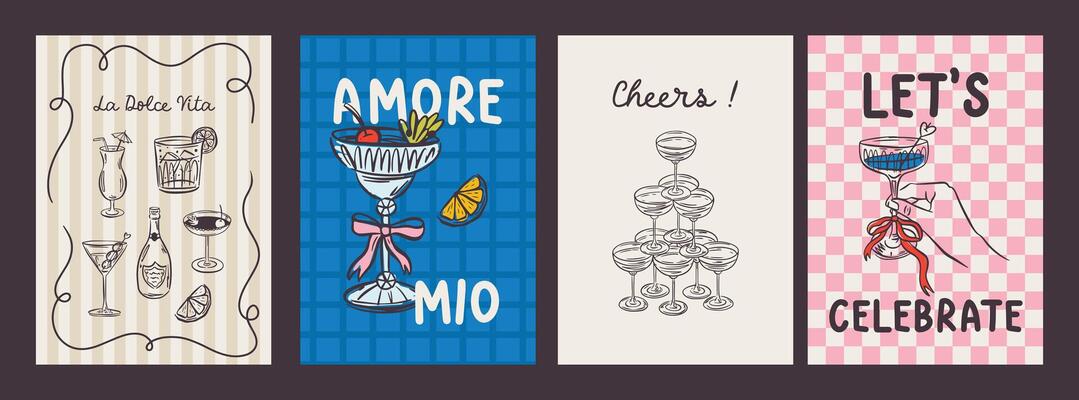 Whimsical hand drawn cocktail poster and menu template in trendy whimsical style. Perfect doodle for quirky italian dinner restaurant and cafe, kitchen wall art, poster, party, birthday, sign