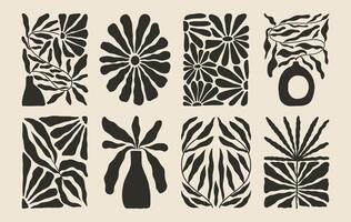 Trendy aesthetic posters abstract groovy floral shape with flowers and leaves. Simple irregular wild plants. Black and White Naive funky prints for wall art. Boho summer illustrations vector