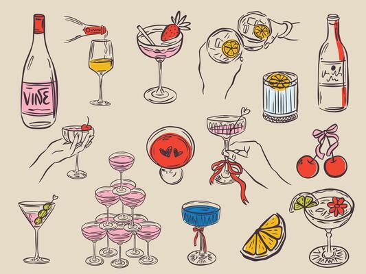 Whimsical hand drawn menu illustrations in trendy whimsical style. Perfect doodle for quirky italian wedding holiday, poster, dinner and bar menu, bachelorette party, birthday invitation, sign.