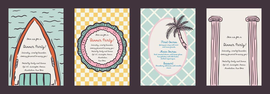 Set summer exotic vacation whimsical hand-drawn frames with palm and sea, bow aesthetic in trendy, vintage styles. Perfect for quirky holiday, wedding, birthday gift decorations