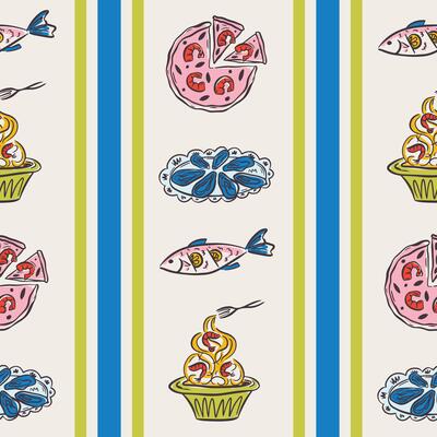 Whimsical sea food seamless pattern in trendy whimsical style. Perfect background for quirky italian wedding holiday, poster cards, dinner and bar menu, fabric, wrapping paper