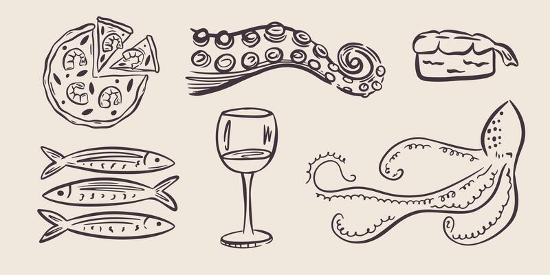 Whimsical hand drawn sea foods illustrations in trendy whimsical style. Perfect doodle for quirky italian wedding holiday, poster, dinner and bar menu, bachelorette party, birthday invitation, sign