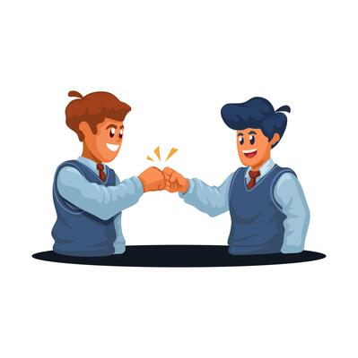 Two Student Fist Bump Friendship Gesture Cartoon Illustration