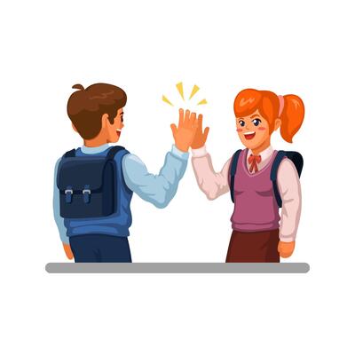 Boy and Girl Student High Five Clap Hand Gesture Friendship Symbol Cartoon Illustration