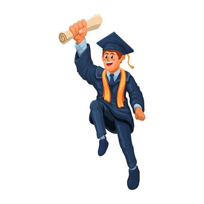Student Wear Graduation Robe Happy and jump Gesture Cartoon Illustration
