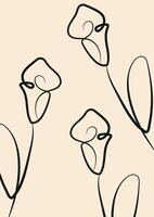 minimalist gift card template with flowers drawn in line art style drawn with contour vector