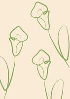 minimalist gift card template with flowers drawn in line art style drawn with colored outline vector