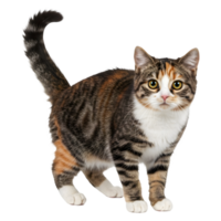 A Striking Calico Cat with a Curled Tail, Poised and Alert png