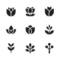 Flower icons. Flower silhouettes. Symbol of floral design. Pattern of daisy, rose and chamomile. Set of cartoon simple graphic shape isolated on white background vector