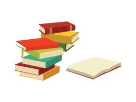 set of random colorful books placed on each other and one book are open white background vector