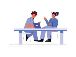 Business Job Interview concept. cartoon illustration of a young woman asking questions and a man in a suit answering them while sitting at a table. Isolated on background vector