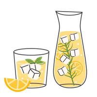 Refreshment lemonade in glass and carafe, soda cold drinks with ice, lemon, hand drawn icon vector