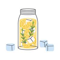 Cold lemonade mason jar, with lemon slices, ice cube, illustration icon vector