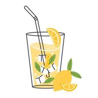 Lemonade refreshing drink, lemon soda in glass with straw and mint, icon hand drawn style vector