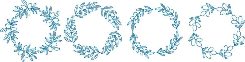 Mediterranean blue olive branch circle frame set in line art style vector