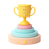3d render of a gold trophy with dollar sign on pastel stacked platforms isolated on transparent background png