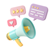3d cartoon megaphone with reviews and likes isolated on transparent background png