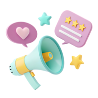 3d cartoon megaphone with reviews stars and hearts isolated on transparent background png