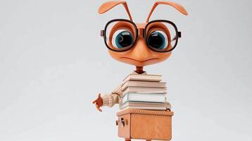 Pixar-Style 3D Ant Student Holding Books in School Uniform, Smart Cartoon Character on White Background video