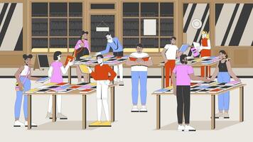 Bookfair with people browsing books on tables 2D cartoon animation. Library event. Literary festival. Writers readers on book fair animated flat characters 4K background scene storytelling video