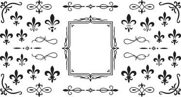 Ornate fleur de lis and frame design elements vector
