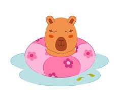 Cute capybara with a swimming ring in the water. Color clip art for your projects. vector