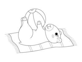 A cute capybara lies on a towel and plays with a beach ball. Outline clip art for your projects. vector