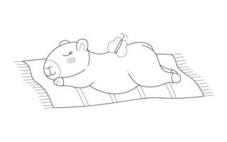 Cute capybara sleeping on a beach towel. Outline clip art for your projects. vector