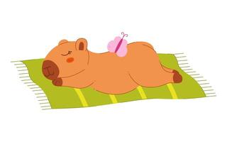 Cute capybara sleeping on a beach towel. Color clip art for your projects. vector