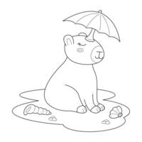 Cute capybara with an umbrella on his head sits on the beach. Outline clip art for your projects. vector
