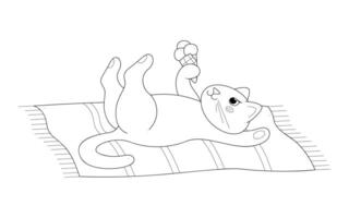 A cute cat with ice cream in its paw lies on a beach towel. Outline clip art for your projects. vector
