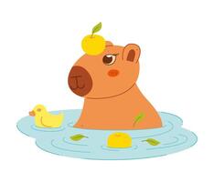 Cute capybara with tangerines and a duck in the water. Color clip art for your projects. vector