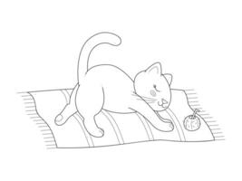 Cute cat stretches on a beach towel. Outline clip art for your projects. vector