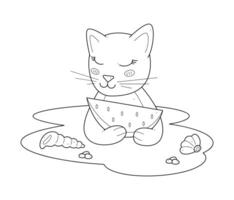 Cute cat with a watermelon on the beach. Outline clip art for your projects. vector