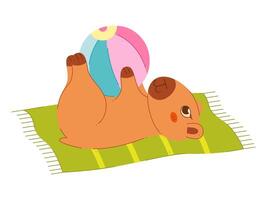 A cute capybara lies on a towel and plays with a beach ball. Color clip art for your projects. vector