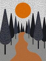 Road to the sun among tall trees in forest or park drawn by hand. vector
